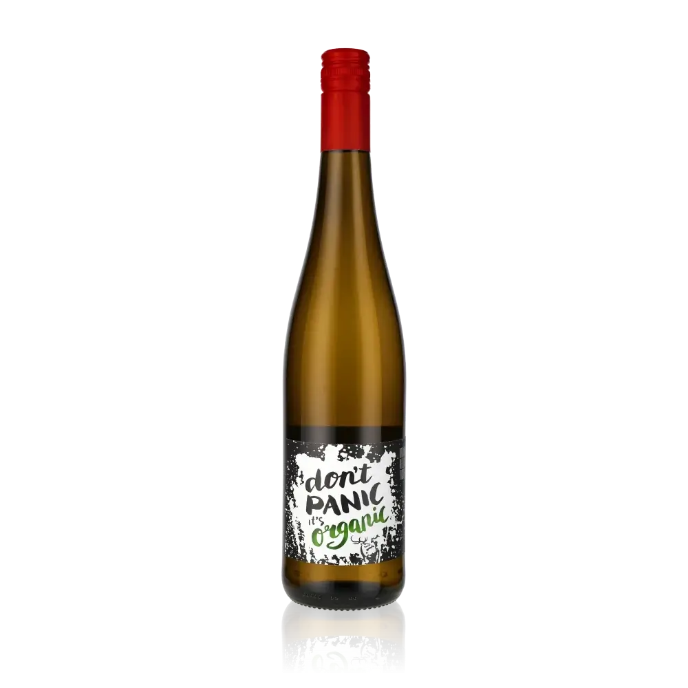 Weinflasche "Don't Panic It's Organic" mit rotem Verschluss.