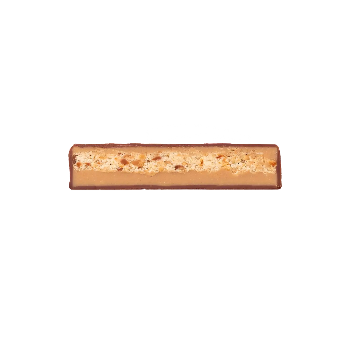 Querschnitt von Nougat und Keks von Zotter - handgeschöpfte Bio-Schokolade mit knusprigem Keks und zartem Nougat.