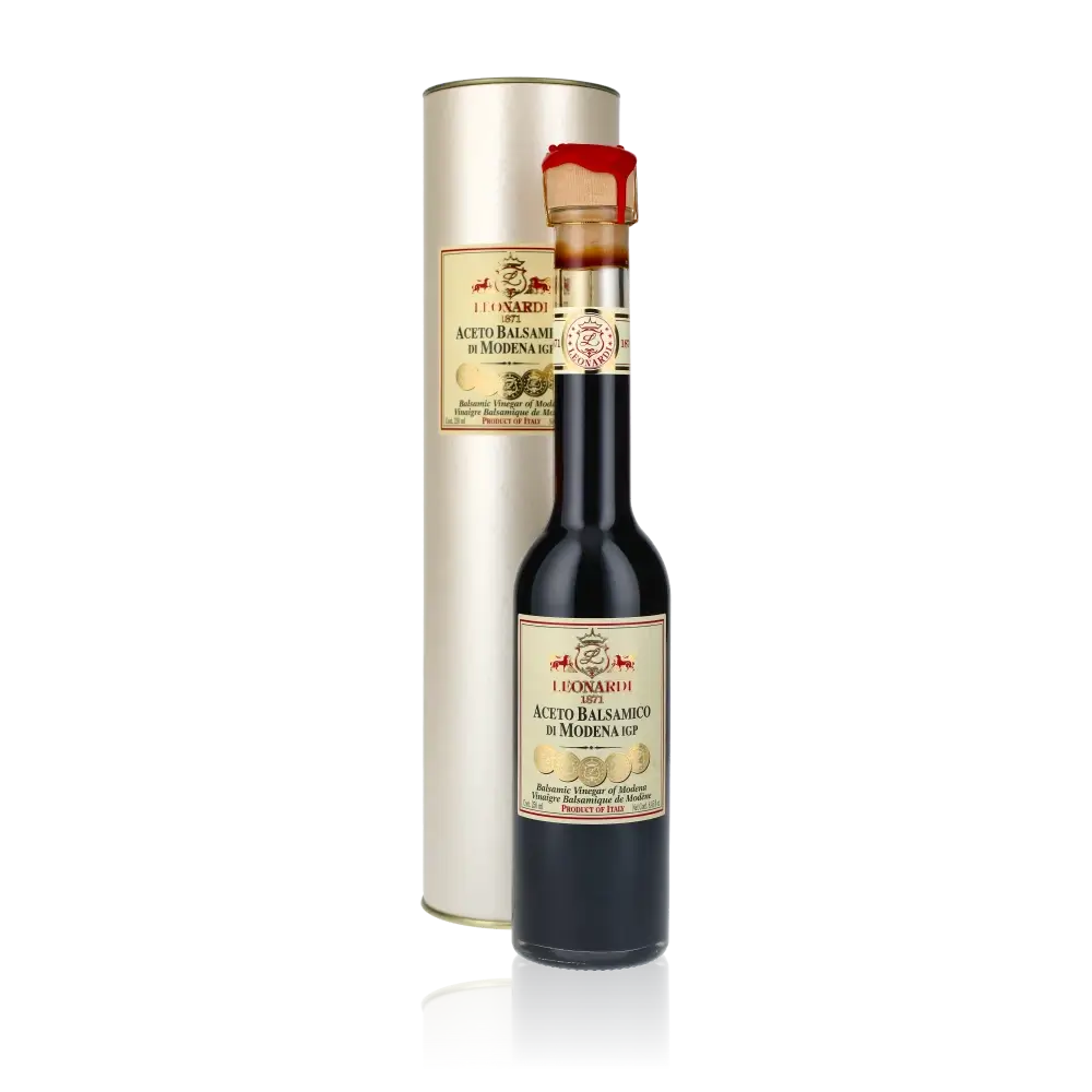 Flasche Aceto Balsamico di Modena Leonardi mit Verpackung.