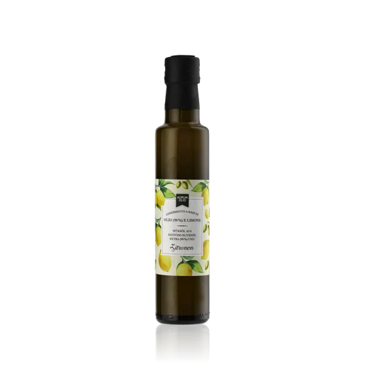 Agrumolio Zitrone Olivenöl Flasche vor schwarzem Hintergrund.