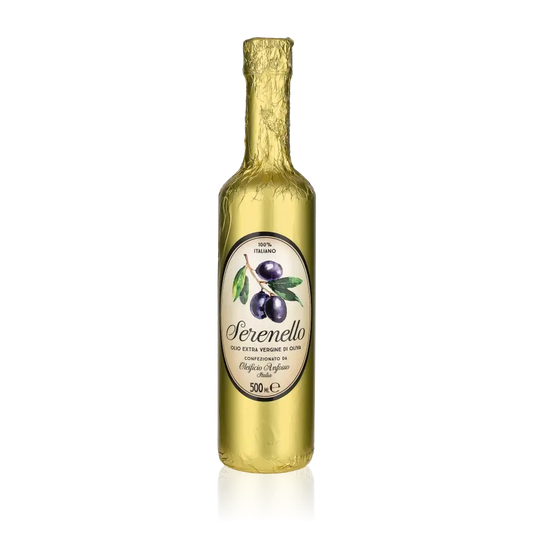 Flasche Serenello Olivenöl, 500 ml, goldene Verpackung.