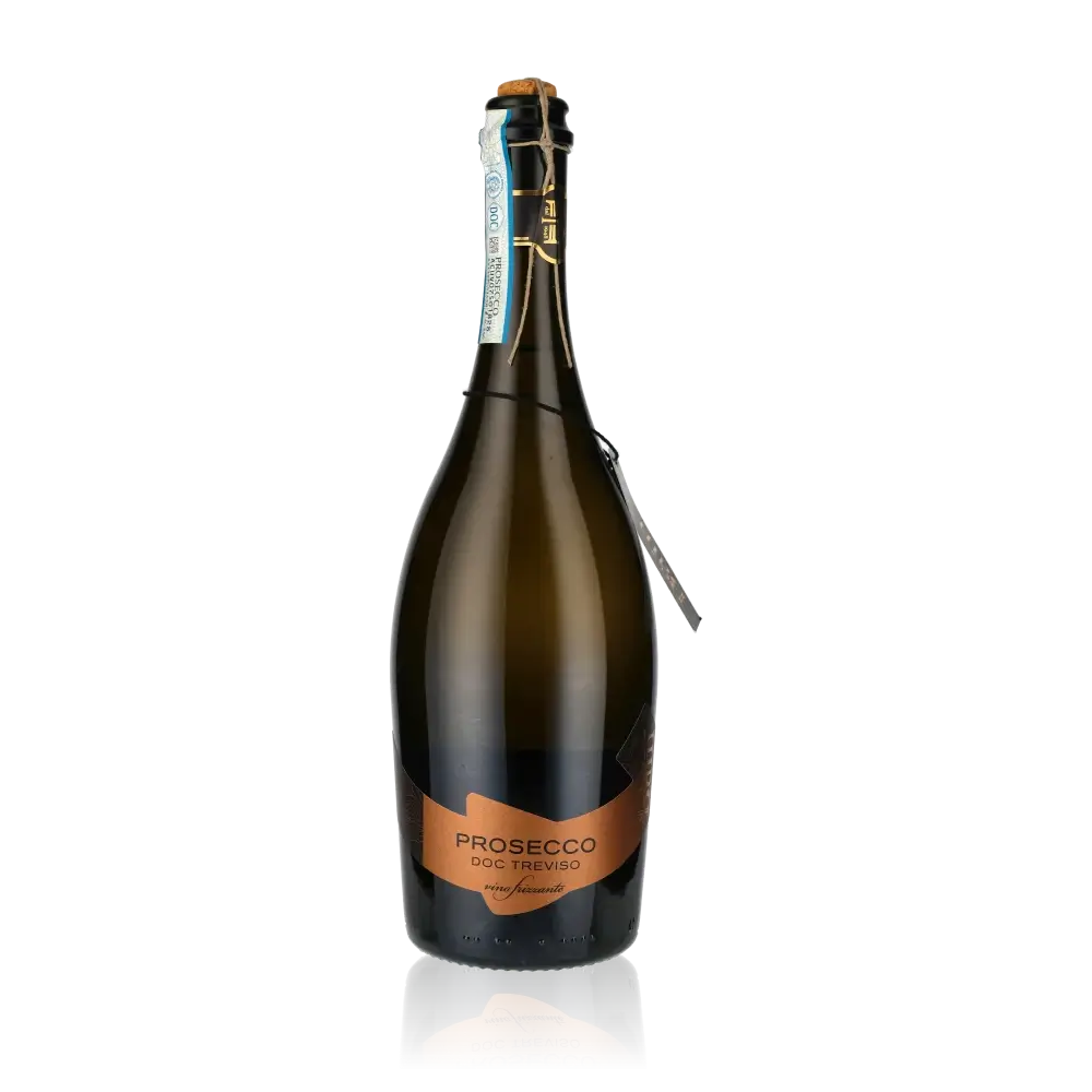 Prosecco DOC Treviso Flasche vor schwarzem Hintergrund.