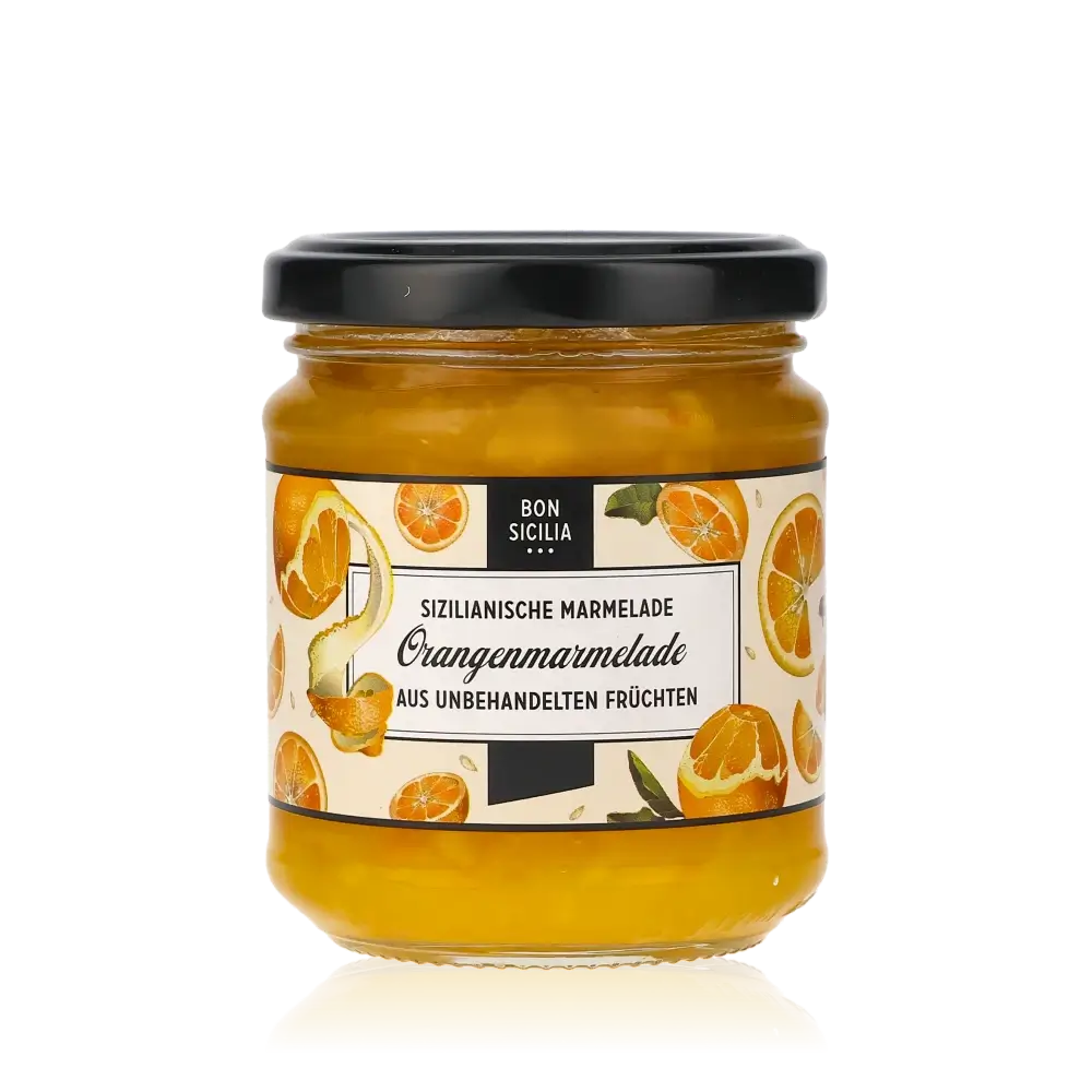 Bon Sicilia Orangenmarmelade aus unbehandelten Früchten im Glas.