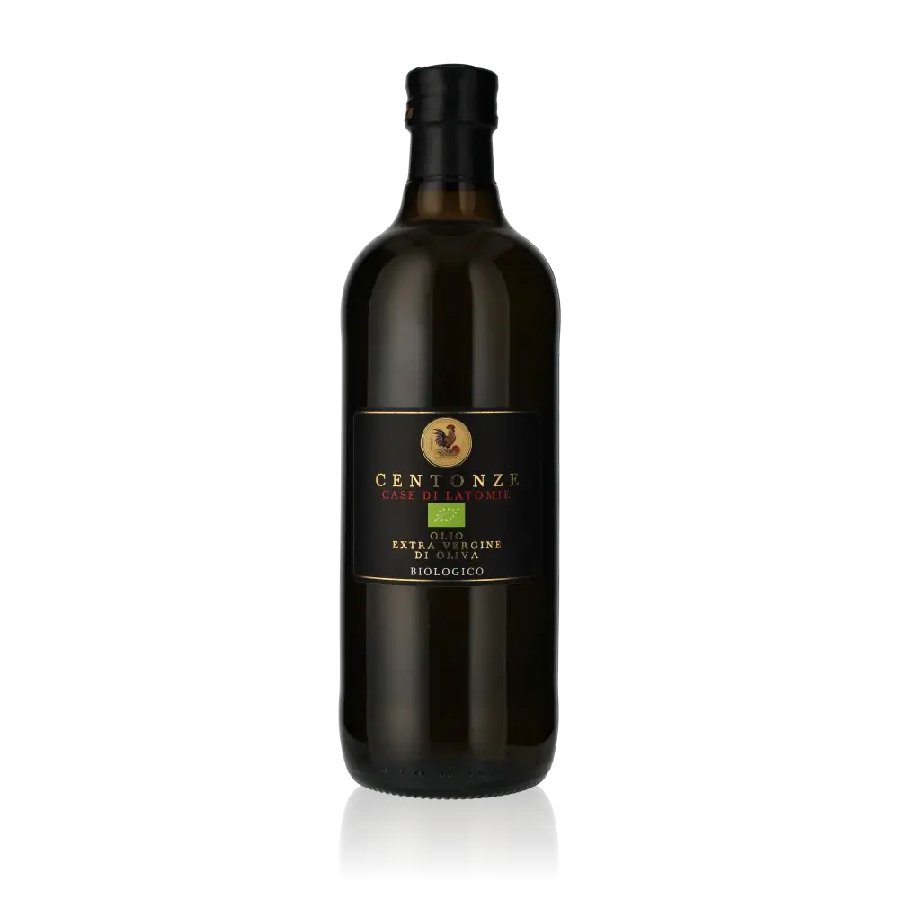 Flasche Centonze Bio-Olivenöl vor schwarzem Hintergrund.