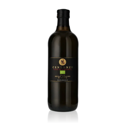 Flasche Centonze Bio-Olivenöl vor schwarzem Hintergrund.
