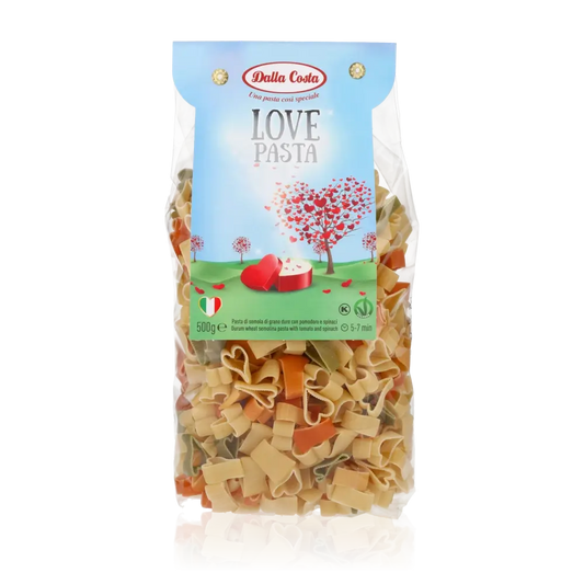Dalla Costa Pasta mit Herz Motiv 500g – Dreifarbige Hartweizenpasta in romantischer Herzform.