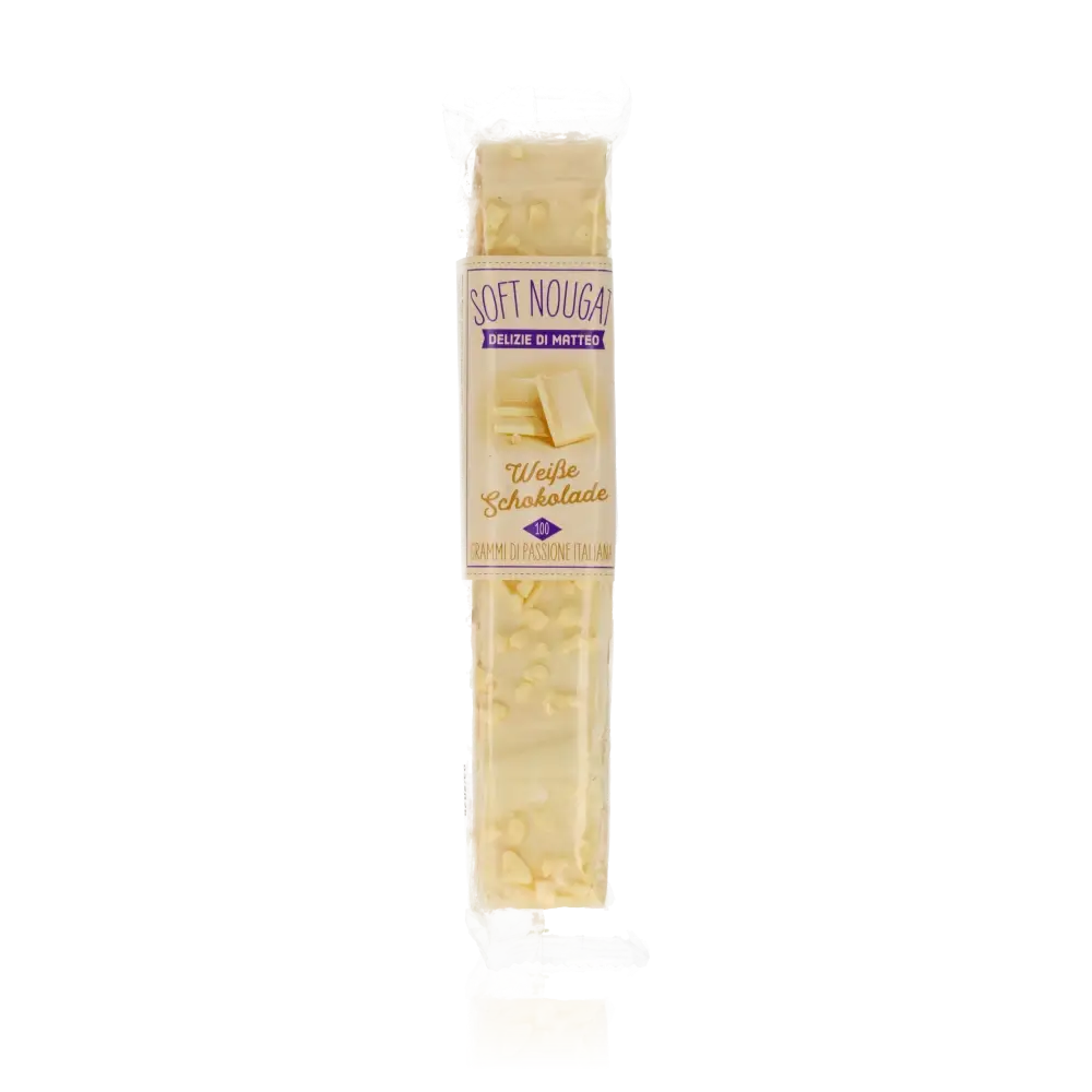Torrone mit weißer Schokolade von Delizie di Matteo, weicher Nougat mit Mandeln, umhüllt von weißer Schokolade.