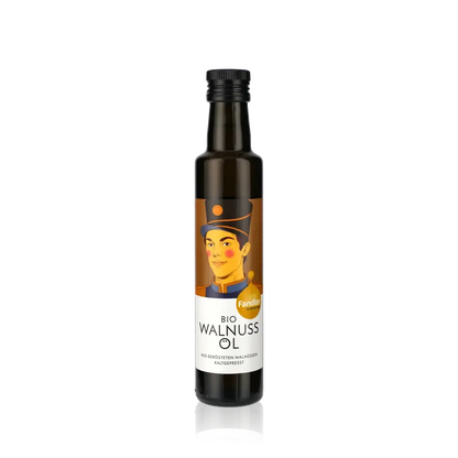 Fandler Bio Walnussöl Flasche auf schwarzem Hintergrund.