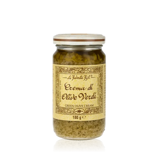 Glas mit La Favorita Feinkost Crema di Olive Verdi.