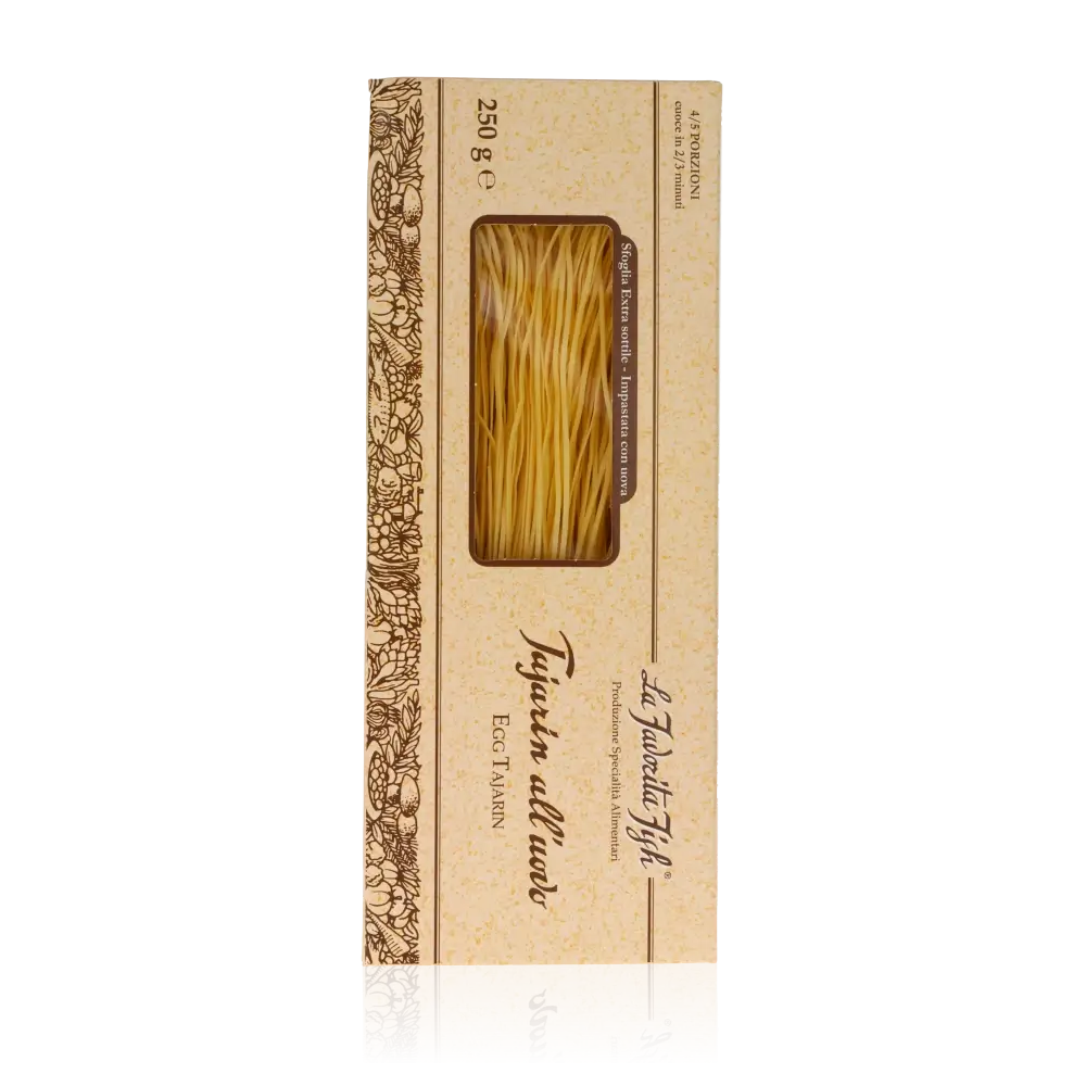 Favorita Eierpasta Tajarin 250g in Verpackung.
