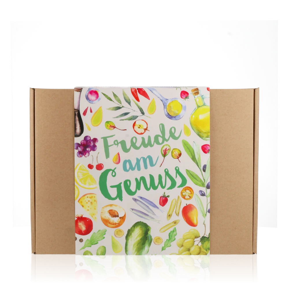 Fröhlicher Geschenkkarton mit Aufschrift Freude am Genuss