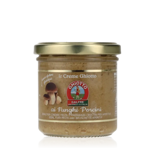 Ghiotto Creme Funghi Porcini Glas mit Pilzabbildung.