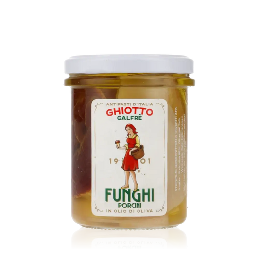 Ghiotto Galfrè geschnittene Steinpilze in Olivenöl Glas.