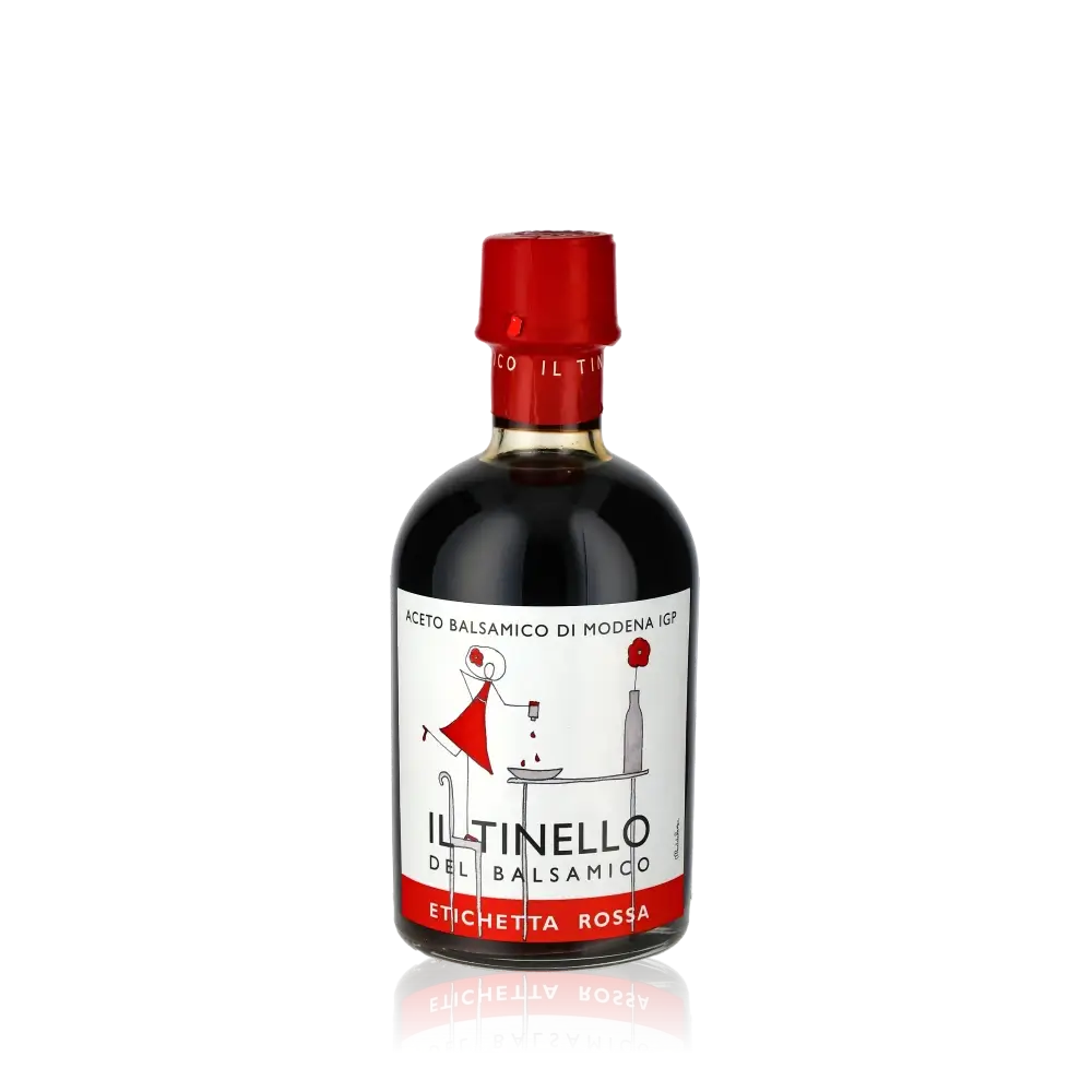 Il Tinello Balsamico Essigflasche mit rotem Etikett.