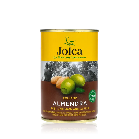 Jolca Oliven gefüllt mit Mandeln, Manzanilla, Spanien, Antipasti.