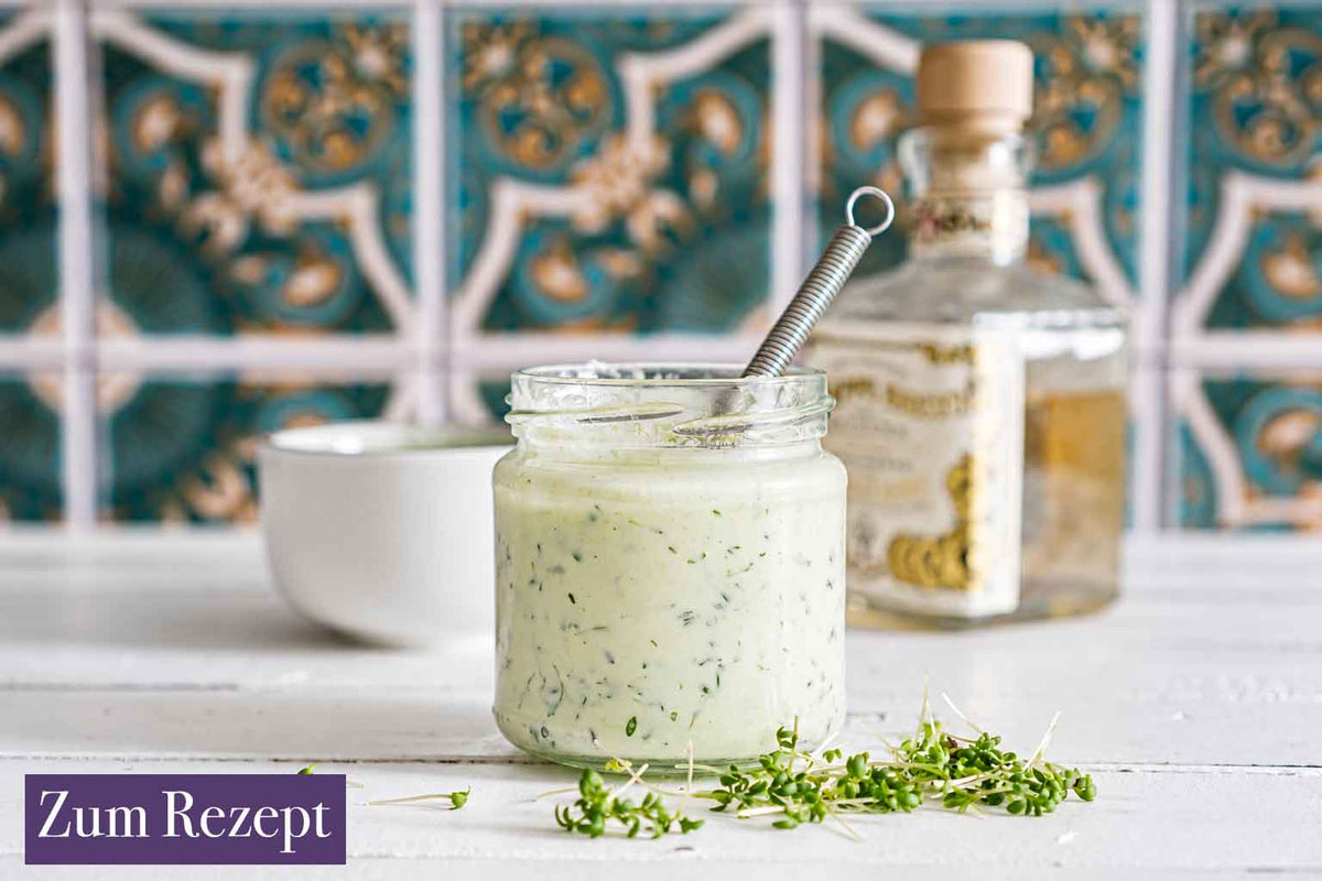 Kresse-Creme-Fraiche-Dressing mit Button "Zum Rezept"