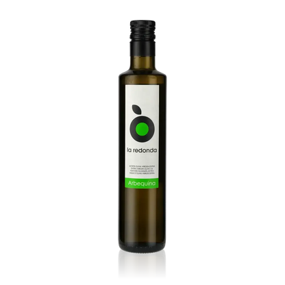La Redonda Arbequina Olivenölflasche auf weißem Hintergrund.