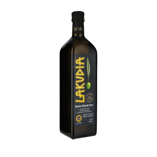 Flasche Lakudia Olivenöl Extra, naturtrüb, 1 Liter.