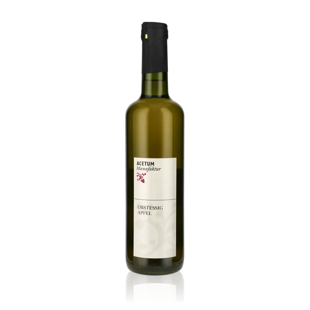 Flasche Martin Albrecht Apfelessig vor weißem Hintergrund.