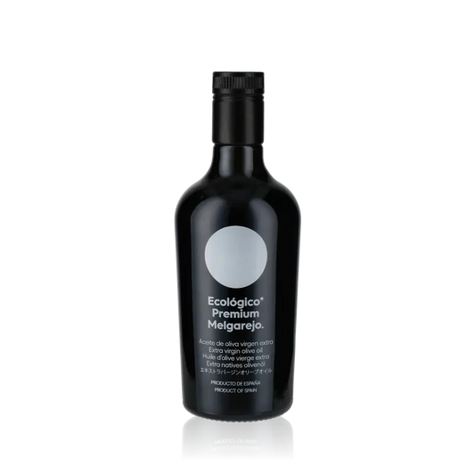 Olivenölflasche Melgarejo Ecologico Premium, schwarze Verpackung, 500ml.