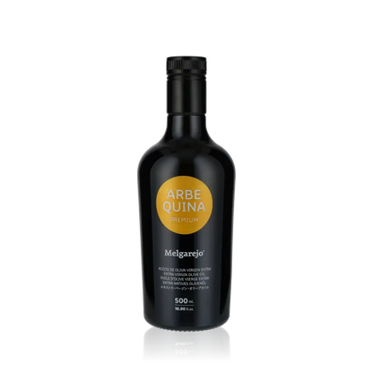 Melgarejo Arbequina Olivenölflasche, 500 ml, schwarzes Design.