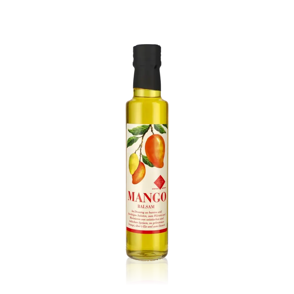 Murani Mango Balsamessig Flasche mit Fruchtabbildung auf Etikett.