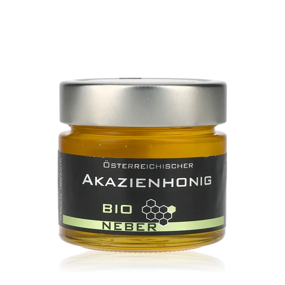 Glas Akazienhonig mit Etikett.