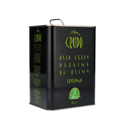 Crudo Olivenöl 3-Liter-Kanister, italienisches Design, schwarze Verpackung.