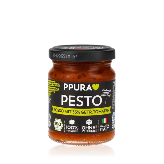 PPura Pesto Rosso Glas mit Etikett und Zutateninformationen.
