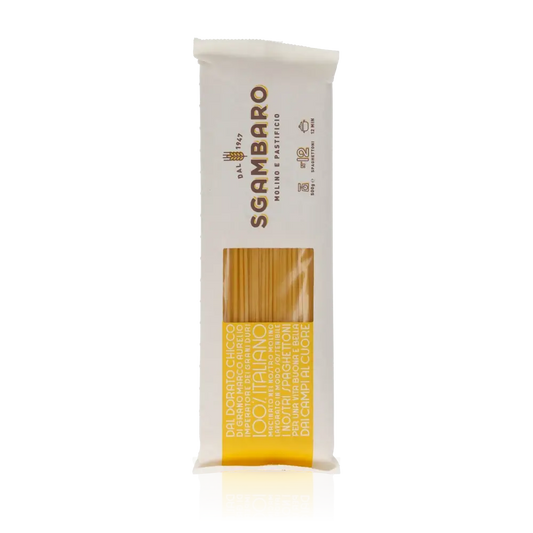 Sgambaro Spaghettoni Pasta 500g Packung, Vorderansicht.
