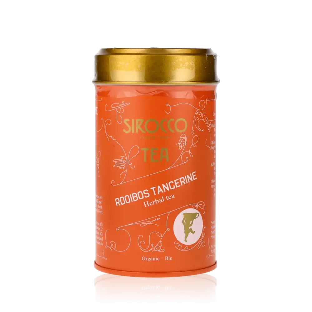 Sirocco Rooibos Tangerine Tee Dose auf schwarzem Hintergrund.