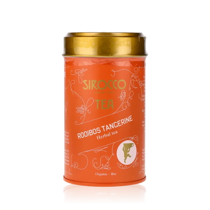 Sirocco Rooibos Tangerine Tee Dose auf schwarzem Hintergrund.