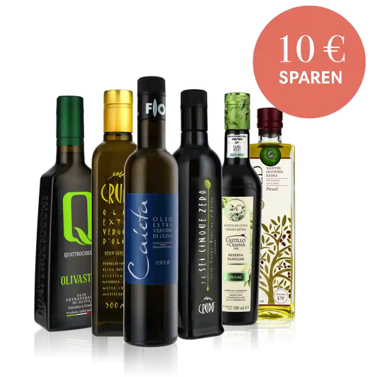 Olivenölflaschen verschiedener Marken mit Rabattangebot.