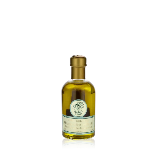 Flasche Bio-Trüffelöl von Ziani, goldene Kappe, Etikett sichtbar.