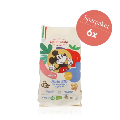 Sparpaket Disney Pasta 'Mickey Mouse' BIO – dreifarbige Pasta mit Tomate und Spinat und Mickey Mouse Motiv.