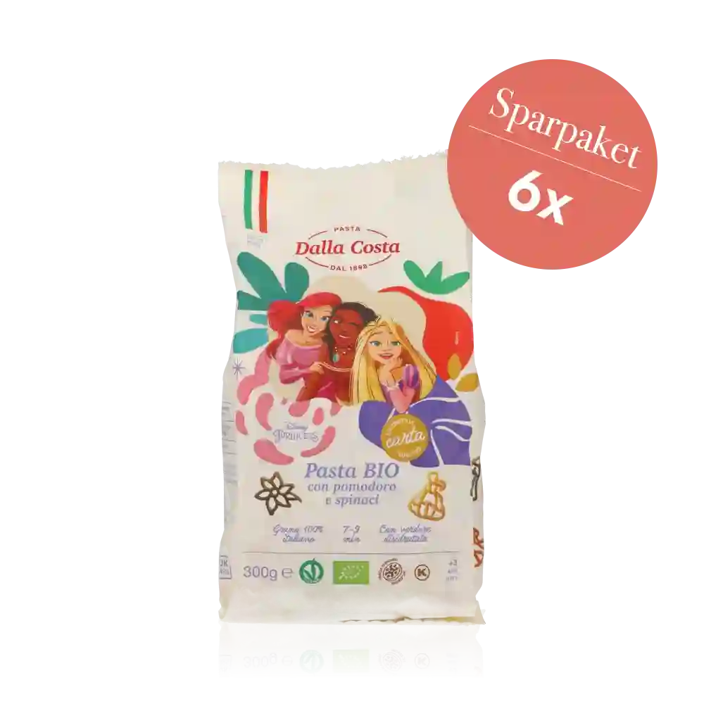 Sparpaket Disney Pasta 'Princess' BIO – 6 x 250 g dreifarbige Hartweizenpasta Prinzessin Motiv