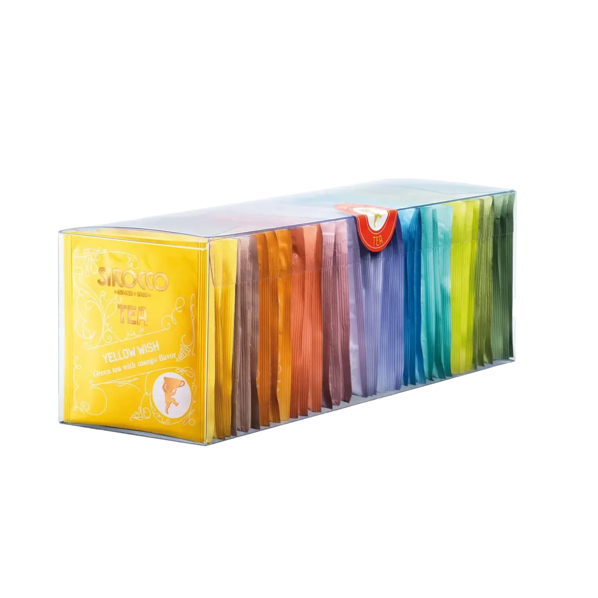 Teebeutel in bunter Verpackung.