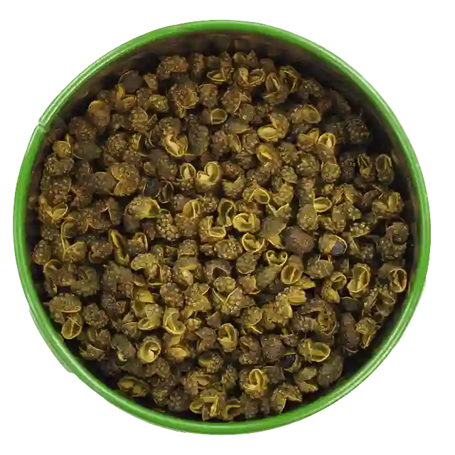 Blick auf die offene Dose mit grünem Szechuanpfeffer