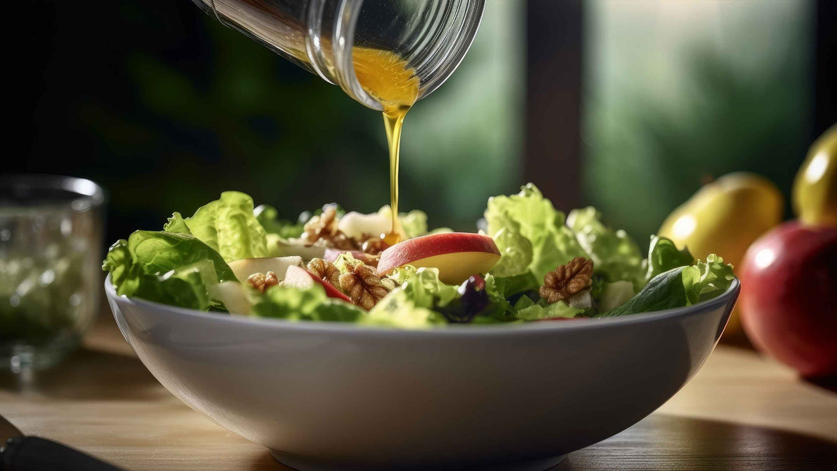 Salat mit Walnüssen und Essig-Dressing in Schüssel.